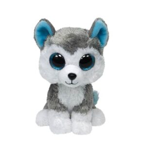 A stuffed animal husky dog with blue eyes.