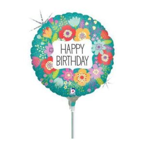 A balloon that says happy birthday with flowers.