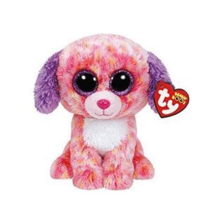 A pink and purple dog is sitting down
