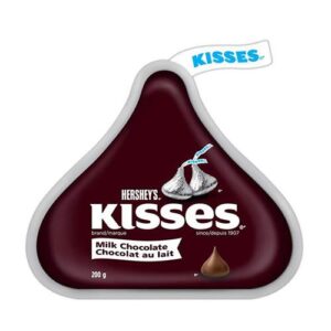 A chocolate covered ice cream cone with the word " kisses " on it.