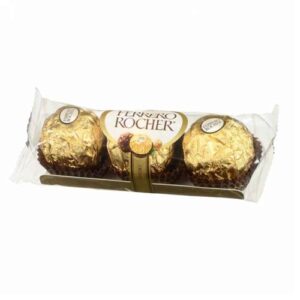 A package of three ferrero rocher chocolates.