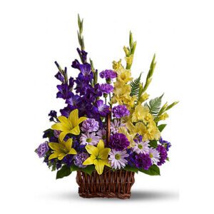 A basket of flowers with purple and yellow flowers.