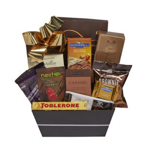 A basket of chocolate and other items.