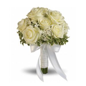 A bouquet of white roses tied with a bow.