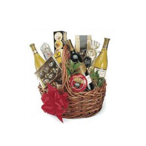 A basket of wine and cheese with crackers.