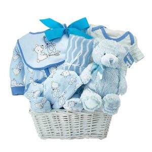 A basket of baby clothes and toys