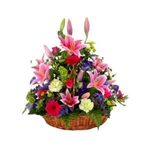A basket of flowers with pink and purple flowers.