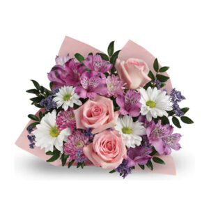 A bouquet of flowers with pink roses and purple daisies.