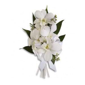 A bouquet of white flowers with greenery and ribbon.
