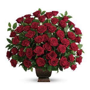 A large bouquet of roses in a vase.
