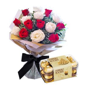 A bouquet of roses and chocolates are shown.