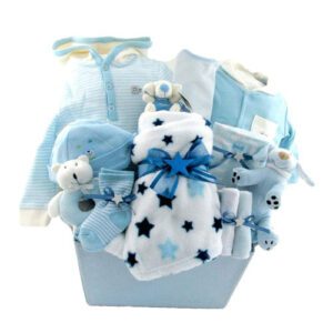 A blue basket filled with baby items and stuffed animals.