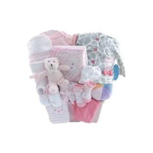 A pink and white basket with stuffed animals