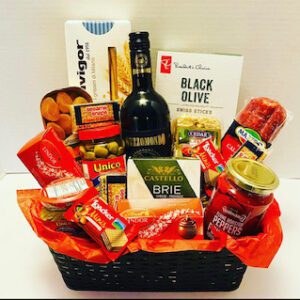 A basket of food and wine is shown.