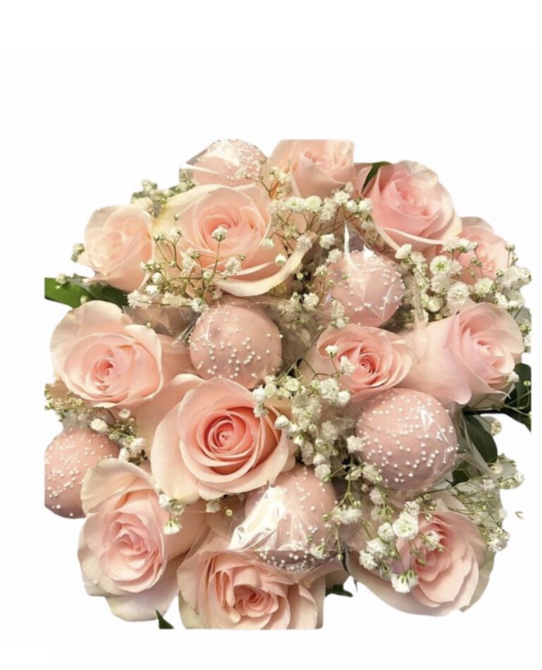 A bouquet of pink roses and baby 's breath.