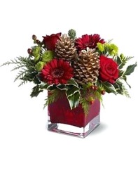 A red vase with pine cones and roses.