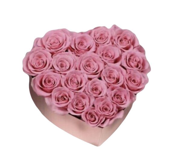 A heart shaped box of pink roses