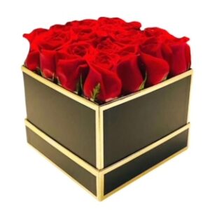 A square box of red roses