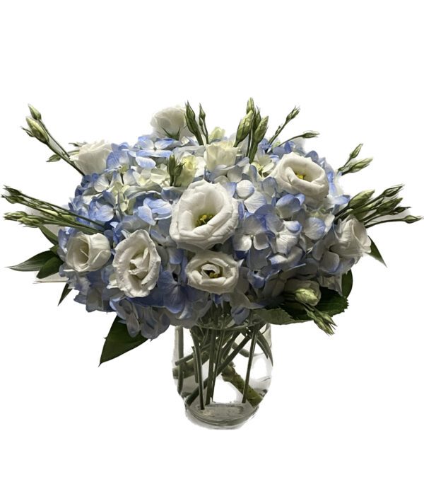 A vase filled with blue and white flowers.