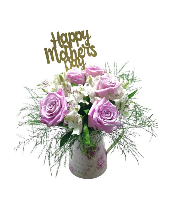 A vase of flowers with the words happy mother 's day on it.
