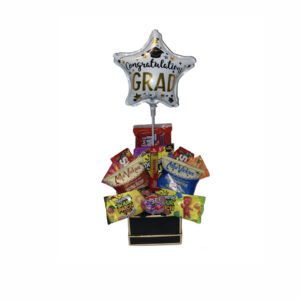 A graduation balloon and candy bouquet