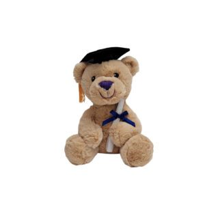 A teddy bear wearing a graduation cap and gown.