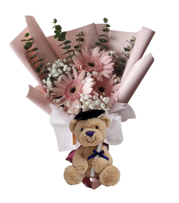 A teddy bear with flowers in it