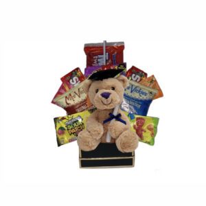 A teddy bear sitting in front of a box filled with chips.